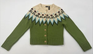 Shu Shu Suéter Cárdigan Mujer Pequeño Verde Botón Fair Isle Azteca Suroeste - Imagen 1 de 10