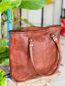 14" Women's Genuine Reliable Proteter Leather Tote Shopping Handmade Bag - Picture 1 of 5