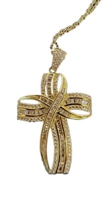 Pingente cruzado de prata esterlina com corrente de zircônia cúbica ouro 18k Yw sobre 3,07 ctw - Imagem 1 de 4