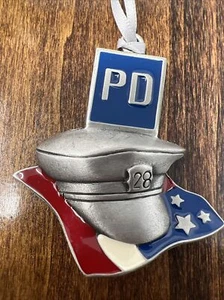 VINTAGE 2002 PEWTER PATRIOTIC POLICE DEPARTMENT CAP W FLAG - CHRISTMAS ORNAMENT - Picture 1 of 5