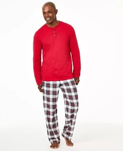 Mens 2pc Pajama Set Big & Tall Soft Henley Red - Family PJs 2XB - Picture 1 of 8