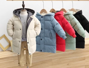 Kids Baby Boys Girls Winter Warm Hooded Coat Outerwear Windbreaker Long Jacket - Picture 1 of 18