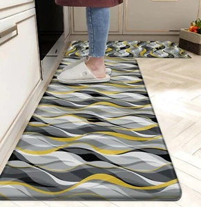 Kitchen Mats for Floor Modern Abstract kitchen rugs Grey and Yellow Stripe An... - Picture 1 of 7