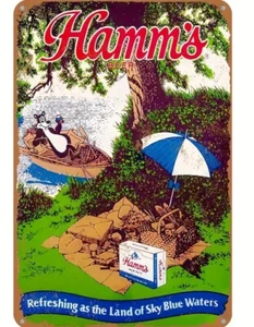 HAMMS BIER BÄR PICKNICK ALUMINIUMSCHILD - 8"X12" ERFRISCHEND WIE DAS LAND DES HIMMELBLAU - Bild 1 von 1