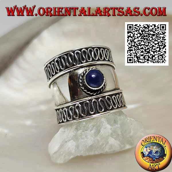 Anello in Argento 925‰ a fascia larga con lapislazzulo e serpentina, Bali - Immagine 1 di 1