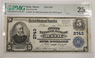 1902 $5 The First National Bank of Bath Maine PMG VF25 CH # 2743 - Image 1 of 2