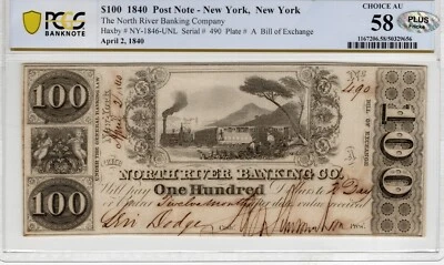 New York - NYC - North River Banking Co $100 - PCGS-B Choice About Unc 58 PLU S! - Image 1 of 2