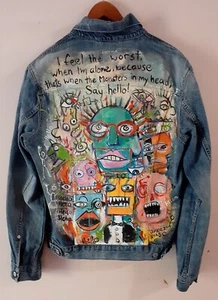 Upcycled - Preowned LEVIS  HAND-PAINTED denim jacket" Monsters" SIZE M - Picture 1 of 9