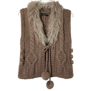 Crochet Sweater Vest Womens Medium Faux Fur Collar Brown Wool Acrylic Pom Poms - Picture 1 of 6
