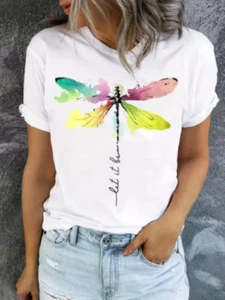 Camisa Estampado Libélula Cuello Redondo Let It Be Informal Manga Corta Mujer Talla XL NUEVA - Imagen 1 de 4