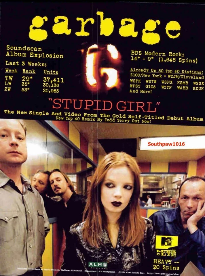 1995 Garbage "Stupid Girl" Song Release Music Industry Promo Reprint Ad - Image 1 of 1