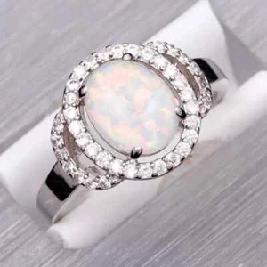 1.00Ct Oval Cut Fire Opal Lab Created Diamond Women's Ring 14K White Gold Plated - Picture 1 of 4