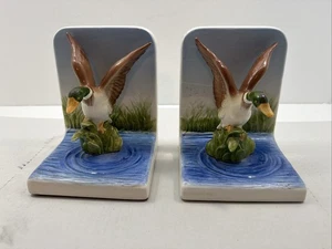 Schöne Vintage einzigartige handbemalte Stockente Keramik Buchstützen - Bild 1 von 6