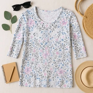 Camiseta J Jill Floral Cuello Redondo Manga 3/4 Blanca Longline Jersey Tejido Para Mujer XS - Imagen 1 de 9
