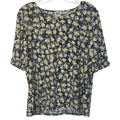 Top Anne Klein Estampado Floral Negro Amarillo Blanco Manga 3/4 Acanalada Verano Talla M Foto 1 de 4