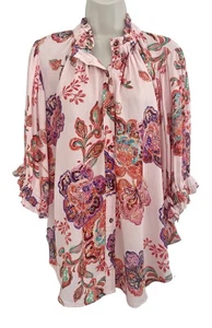 Democracy Damen-Top mit durchgehendem Knopf Größe 2X Rüschen Blumen Paisley Boho künstlerisch Hippie - Bild 1 von 13