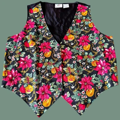 Vintage Nutcracker Vest Christmas Holiday Poinsettia XL Tie Back Granny Teacher - Image 1 of 4