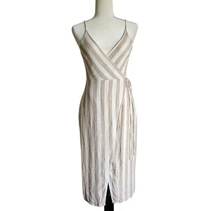 ASTR The Label Dress Size M Beige White Striped Linen Wrap Midi Sleeveless - Picture 1 of 16