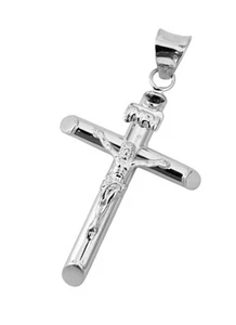 14K Weißgold Runde Röhre Religiös Kruzifix Kreuz INRI Anhänger Halskette 15x35mm - Bild 1 von 4