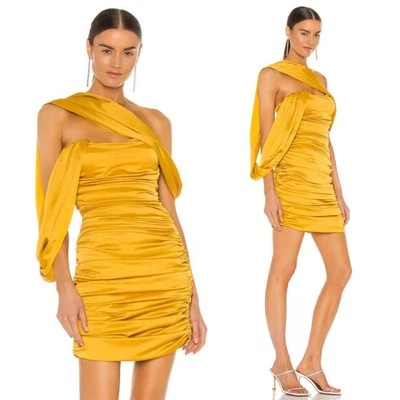 Andrea Iyamah Sol Mini Dress Mustard Yellow Satin Shoulder Drape Sz S - Image 1 of 4