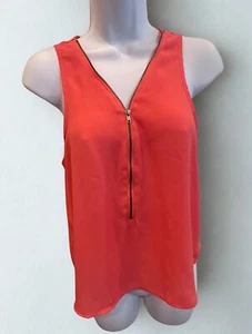 Ambiance V-neck Women's Blouse Small Size Top Sleeveless Orange Zip Casual Fit - Picture 1 of 4