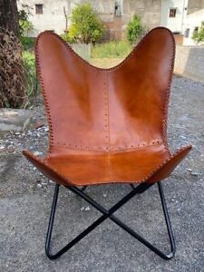 Saintstag Handstitched Leather Butterfly Chair - Tan Brown with Foldable Stand