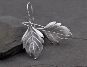 Damen Ohrringe Echt 925 Sterling Silber Blatt Ohrstecker Feder Tropfen Geschenk - Bild 1 von 4