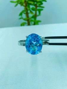 Blue Topaz Ring, 925 Silver Ring, Natural Topaz Ring, Oval Cut Big Stone Rings - Picture 1 of 6