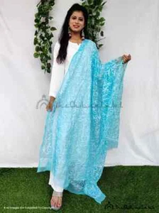 Sky Blue Tepchi Georgette Chikankari Dupatta Lucknowi Chikankari Handmade - Picture 1 of 3