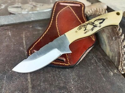 CUSTOM HANDMADE STAINLESS STEEL SKINNING HUNTING KNIFE WITH BONE HANDLE&SHEATH - Image 1 of 4