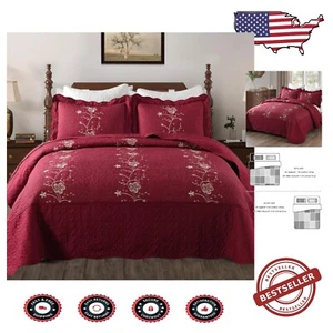 Machine Washable Queen 3-Piece Burgundy Bed Quilt Set - Stylish Embroidery - Picture 1 of 11