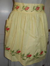 Handmade Crafted Yellow Apron With Pocket Cross stitch Red Roses Cotton