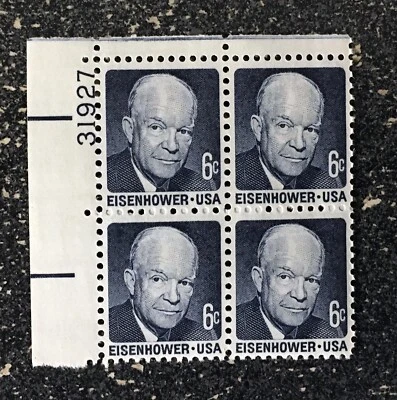 US1970 #1393 6c Dwight Eisenhower (shiny gum) - Plate Block of 4  Mint NH - Image 1 of 2