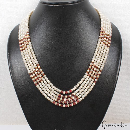 OFF WHITE Collana regolabile 320 ct perle d'acqua dolce e rubino rosso cabina rotonda perline 5 fili