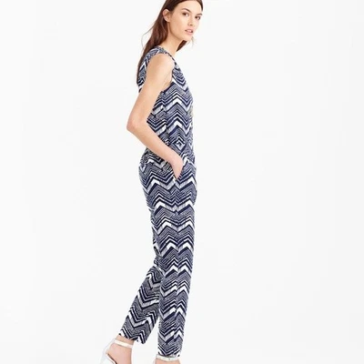 Macacão J.Crew de linho-algodão gola V azul marinho estampa em ziguezague novo com etiquetas 2 $158 - Imagem 1 de 4