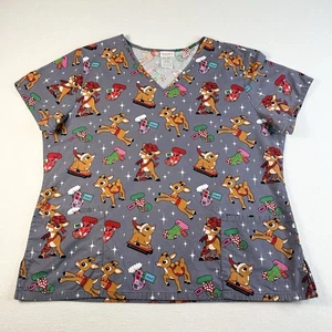 SCRUBS Medical Top Christmas Rudolph The Red Nosed Reindeer Grey Unisex XL - Picture 1 of 5