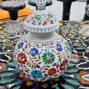 Florero de mármol blanco de 10" matka con incrustación de tapa fregona concha arte y coleccionable - Imagen 1 de 7