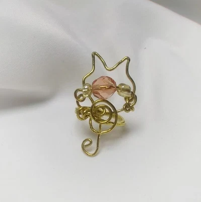 Anillo Boho Gato Cola Rizada Tono Dorado Hecho a Mano Envoltura de Alambre Joyería Cuentas de Vidrio Talla 6 Foto 1 de 4