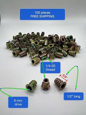 100 Pc Threaded Insert Furniture Screw In Wood Nut Inserts Fastener Bolt 1/4" 20