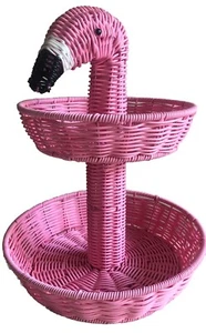 Ciroa Pink Flamingo 2 Tier Serving Stand 20" Resin Wicker Summer Basket - Picture 1 of 3