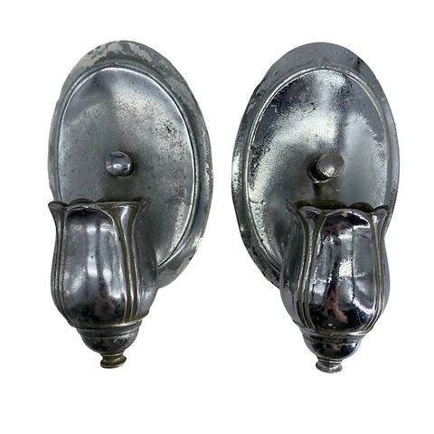 Pair LIGHTOLIER Light Sconce Silver Oval Tulip Pull Chain Vintage To Restore Cover