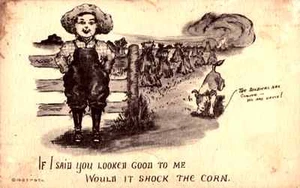 1912 Postcard, Hand Tinted, Farmer Dog Soldiers Cornfield Patriotic, Unused - Picture 1 of 2