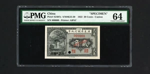 CHINA SPECIMEN Banknote P-S2407s , S/M#K55-30 , 1922 , 20 Cents PMG 64 UNC - Picture 1 of 2