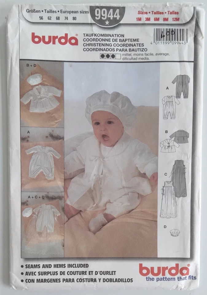 BURDA #9944 INFANTS SIZE 1M-3M-6M-9M-12M SLEEPER GOWN COAT HAT PATTERN COMPLETE - Image 1 of 4