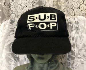 Años 90 Vintage Sub Pop Toda la Tela Gorra Sombrero Correa de Cuero Ajustable Cuerda Negra Borde - Imagen 1 de 8