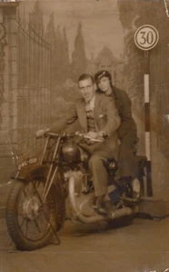 Postcard Studio Portrait Blackpool Pleasure Beach Couple On Motorcycle My Ref QA - Picture 1 of 2