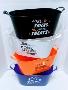 Happy Halloween Sentiments Oval Buckets w/Handles 13.25" L x 6.38" W x 4.58" H - Picture 1 of 5