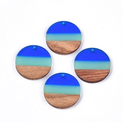 4 pcs. Blue Teal Resin and Brown Wood Round Flat Pendant - 28mm - (1.1") - Image 1 of 2