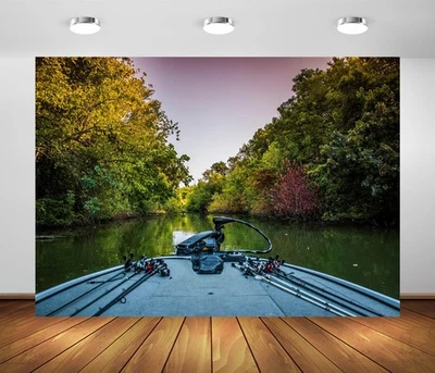 织物森林河渔船背景7x5英尺夏季绿树装饰 — 第 1/4 张图片