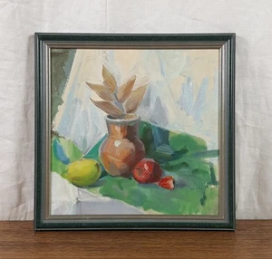 Jarrón de arcilla con hojas y fruta, pintura al óleo de bodegón, obra de arte original - Imagen 1 de 11